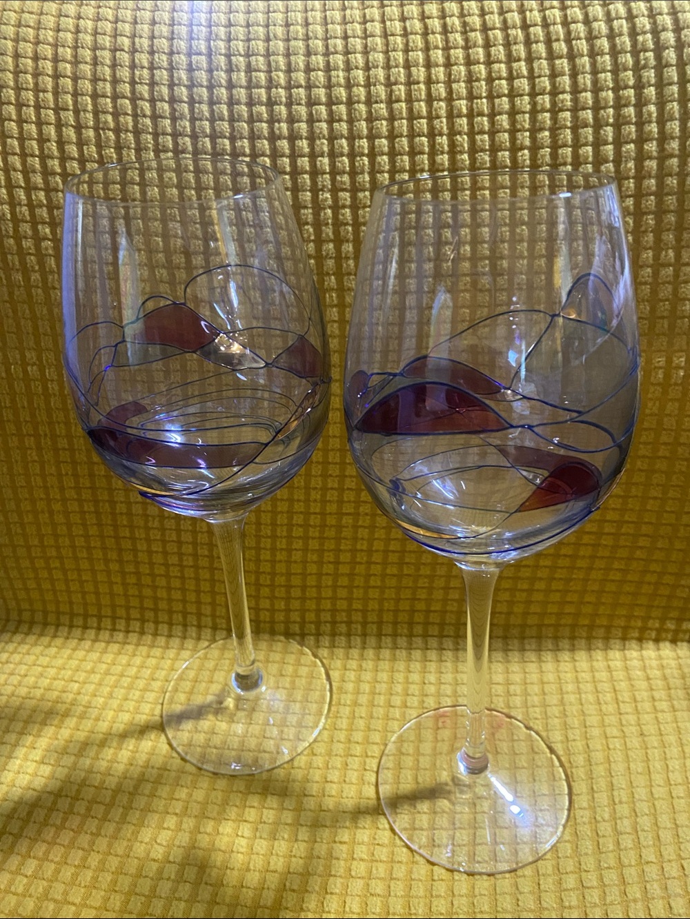 2PC. HELIOS Tall ARTSY CATHEDRAL Hand Painted Pedestal Wine Glass